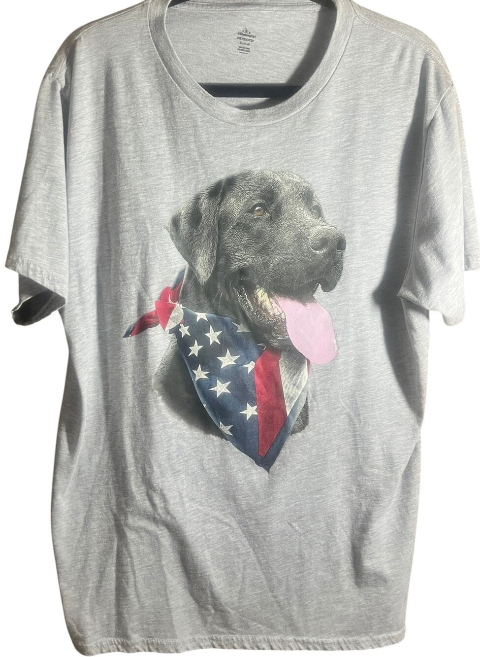 Celebrate! Patriotic Men's T Shirt with Black Lab Wearing Flag Bandana Size XL